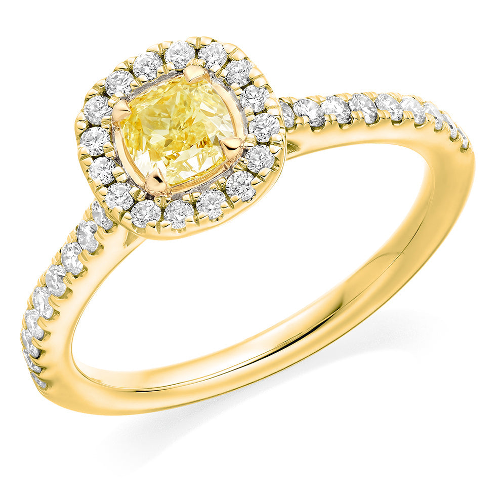 Diamond-Shouldered Halo Cushion Cut Engagement Ring in Yellow Gold