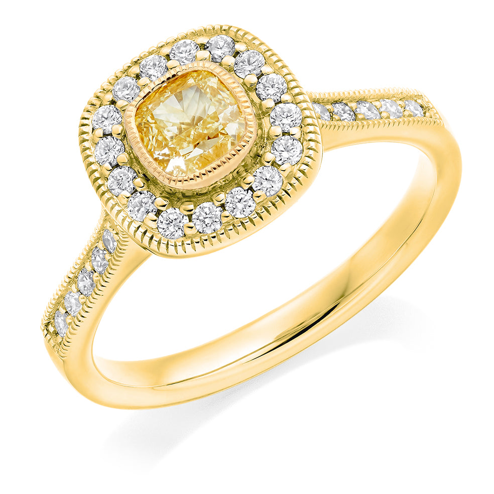 Rubover-Set Halo Cushion Cut Engagement Ring, 0.5ct in Yellow Gold