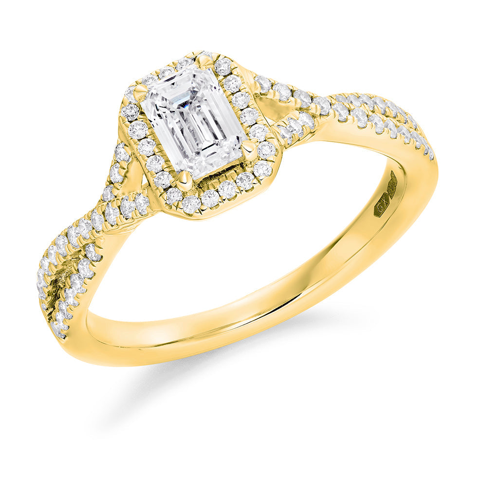 Curved-Shoulder Halo Emerald Cut Engagement Ring in Yellow Gold