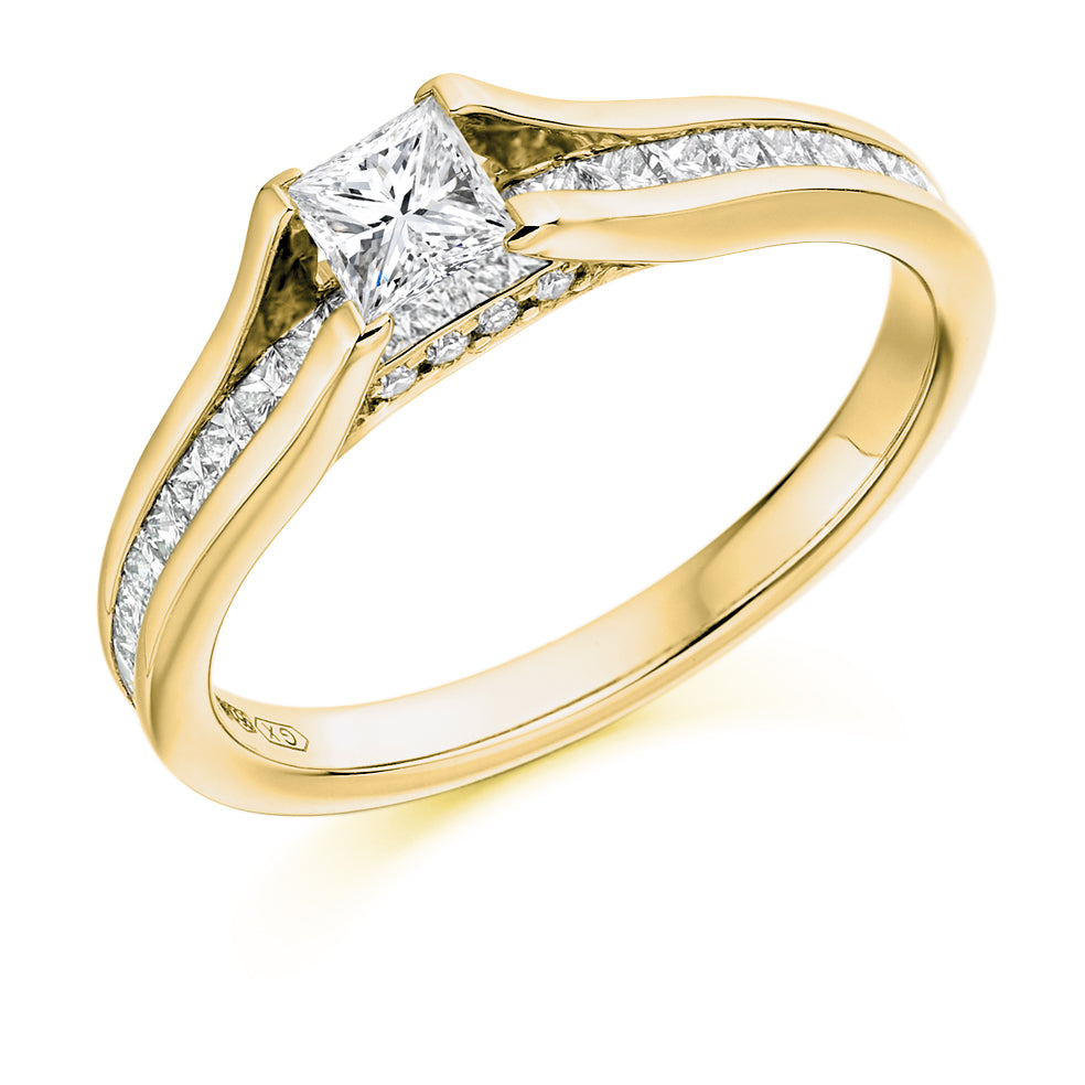 Channel-Shouldered Solitaire Princess Cut Engagement Ring 0.83ct in Yellow Gold