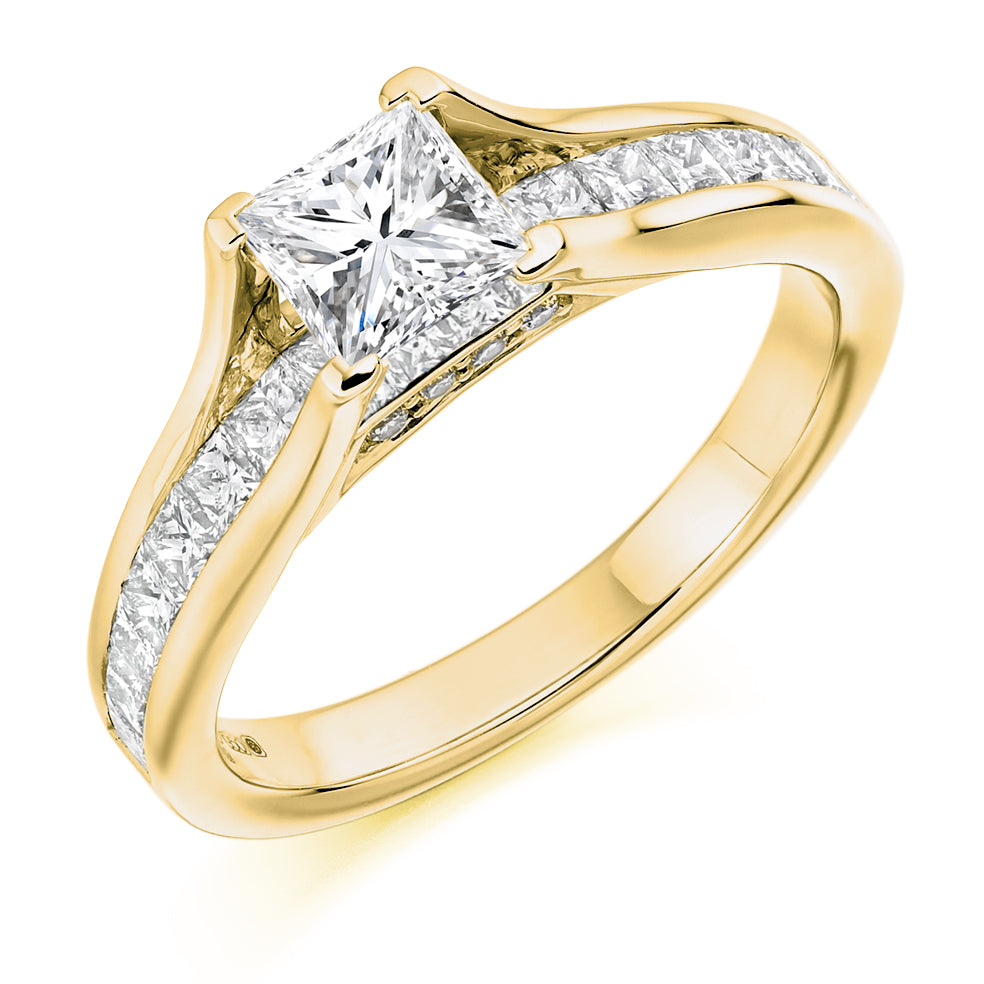 Channel-Shouldered Solitaire Princess Cut Engagement Ring 0.75ct total in Yellow Gold