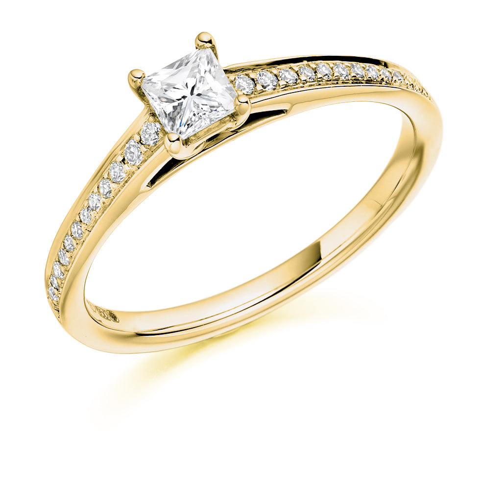 Pavé-Shouldered Solitaire Princess Cut Engagement Ring 0.48ct in Yellow Gold