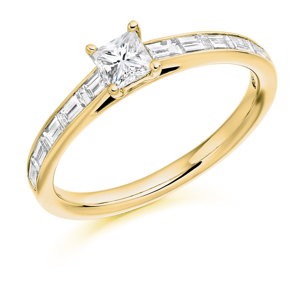 Channel-Shouldered Solitaire Princess Cut Engagement Ring 0.73ct in Yellow Gold