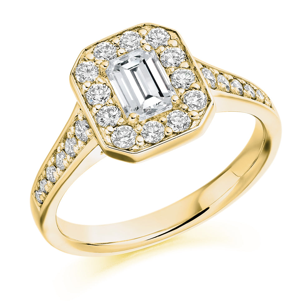 Pavé-Shoulder Halo Emerald-Cut Engagement Ring, 0.75ct (ENG3349 SMT) in Yellow Gold