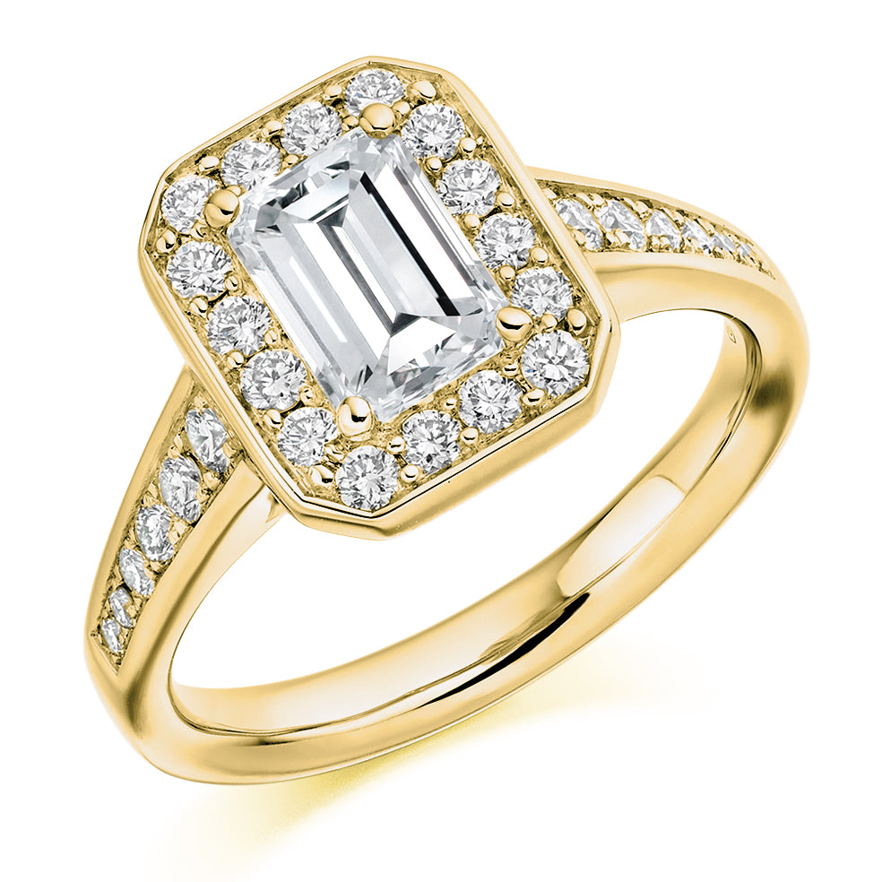 Pavé-Shoulder Halo Emerald-Cut Engagement Ring, 1.0ct (ENG3350 SMT) in Yellow Gold
