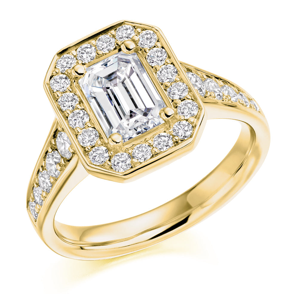 Pavé-Shoulder Halo Emerald-Cut Engagement Ring, 1.5ct in Yellow Gold