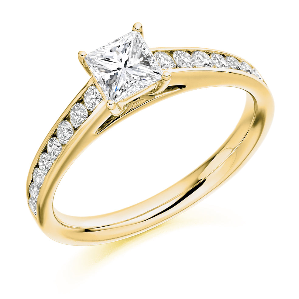 Channel-Shouldered Solitaire Princess Cut Engagement Ring 0.9ct in Yellow Gold