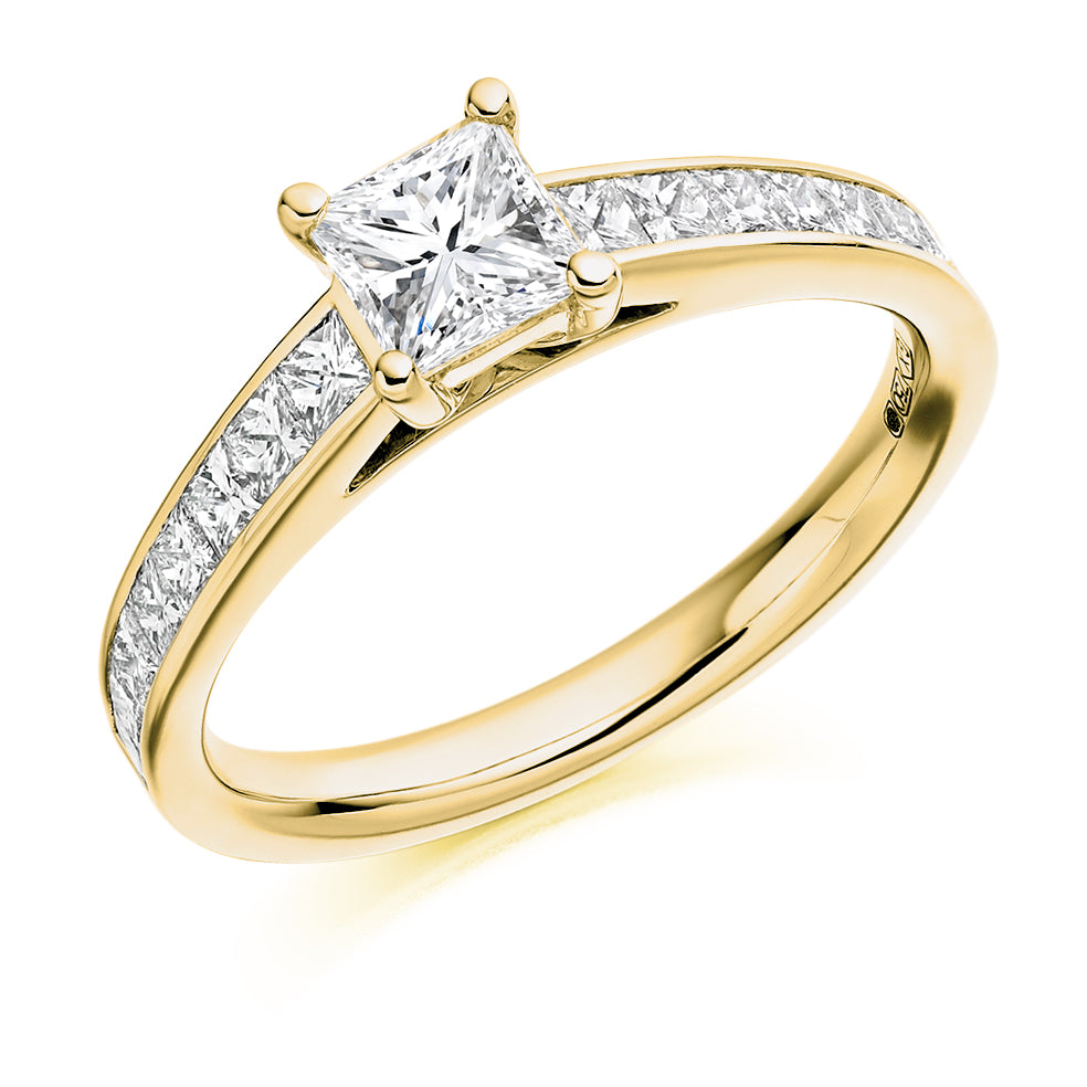 Channel-Shouldered Solitaire Princess Cut Engagement Ring 1.1ct in Yellow Gold