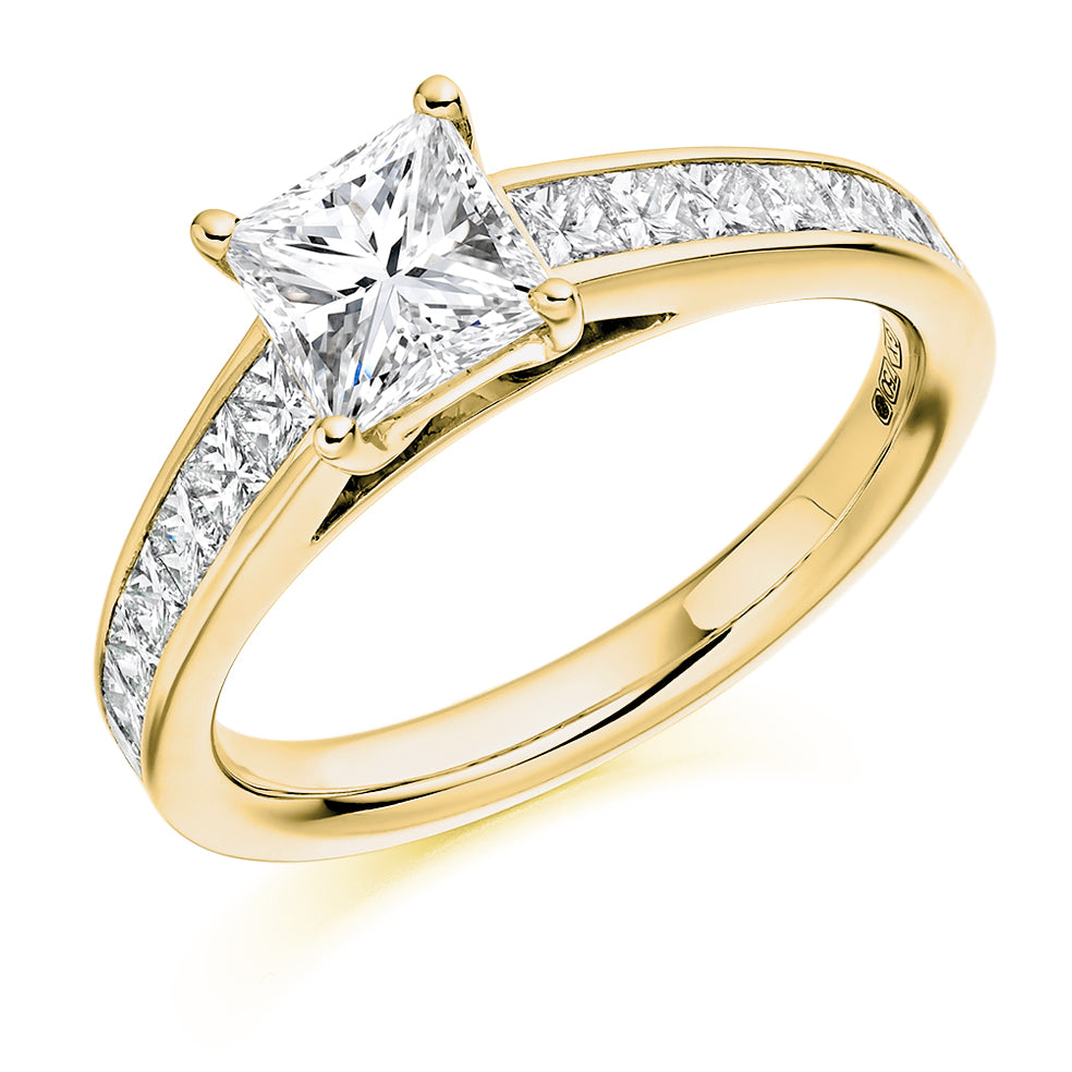 Channel-Shouldered Solitaire Princess Cut Engagement Ring 1.75ct in Yellow Gold