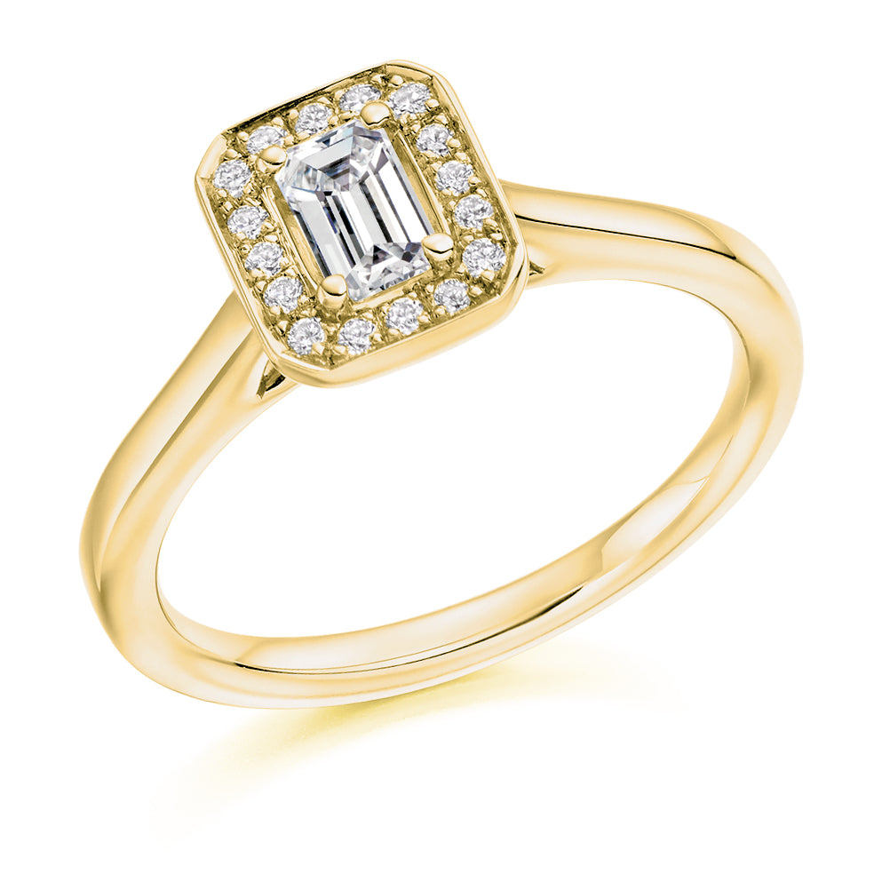 Halo with Plain Shoulders Emerald Cut Engagement Ring in Yellow Gold