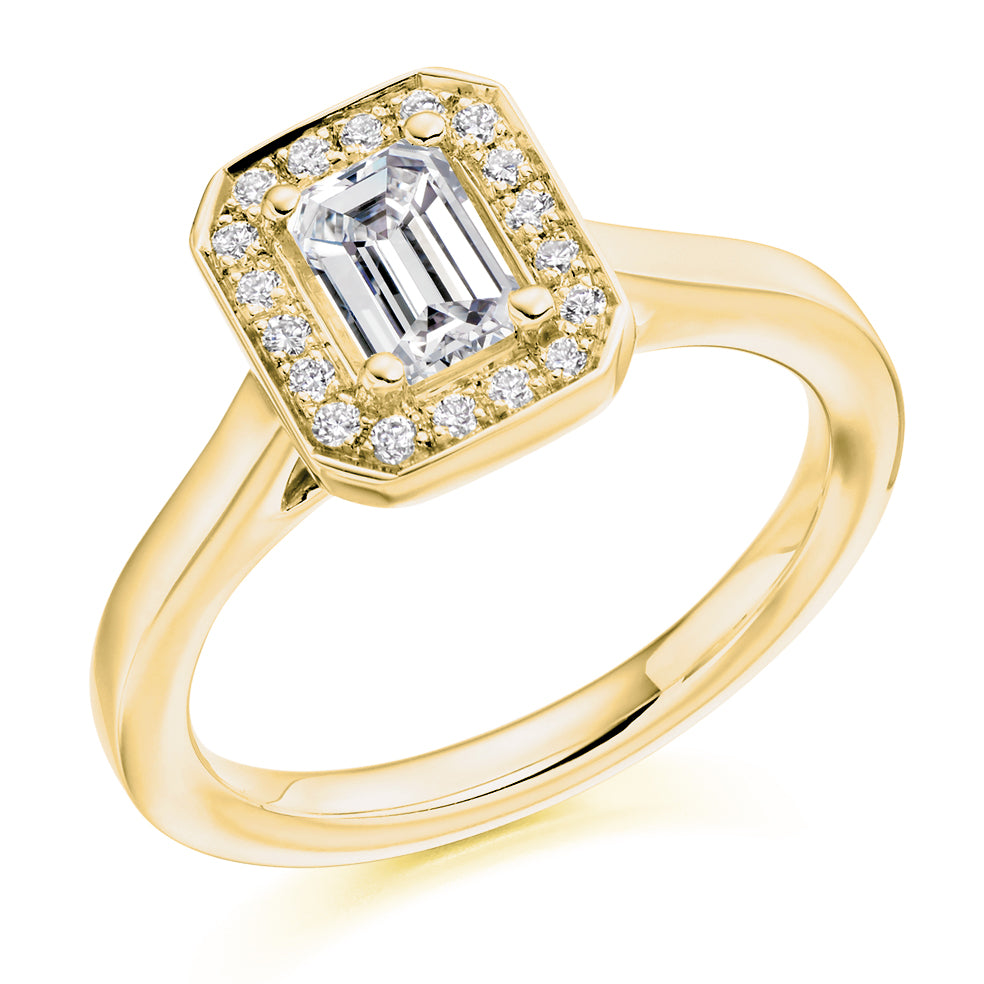 Halo Solitaire Emerald Cut Engagement Ring in Yellow Gold