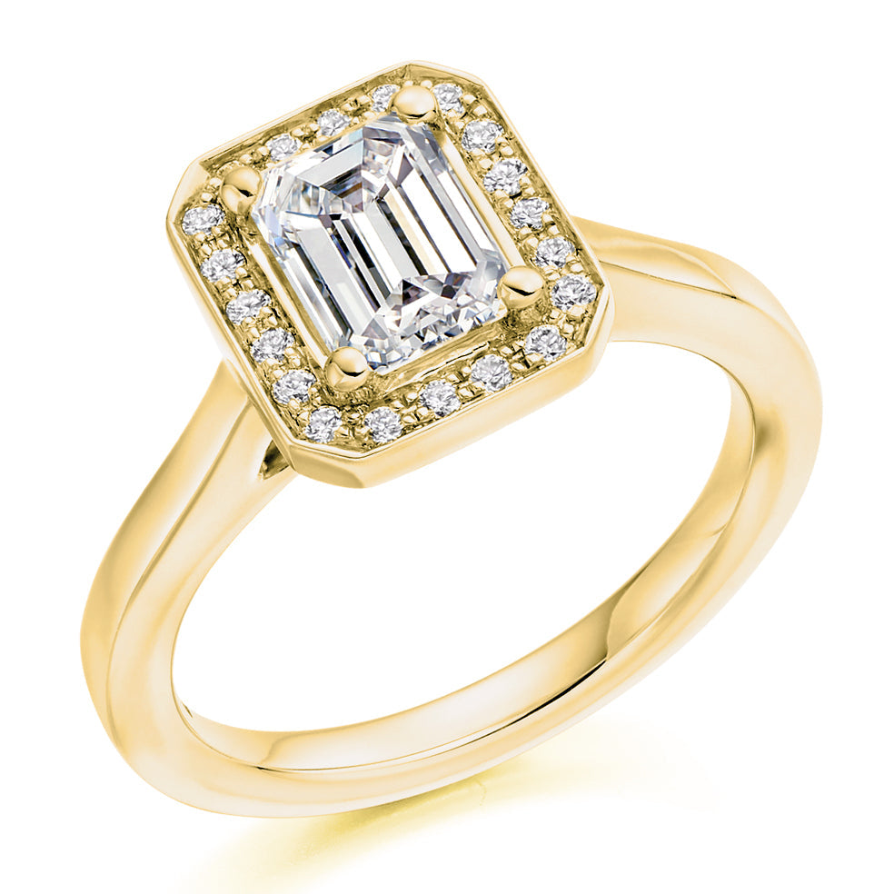 Plain-Band Halo Emerald Cut Engagement Ring in Yellow Gold