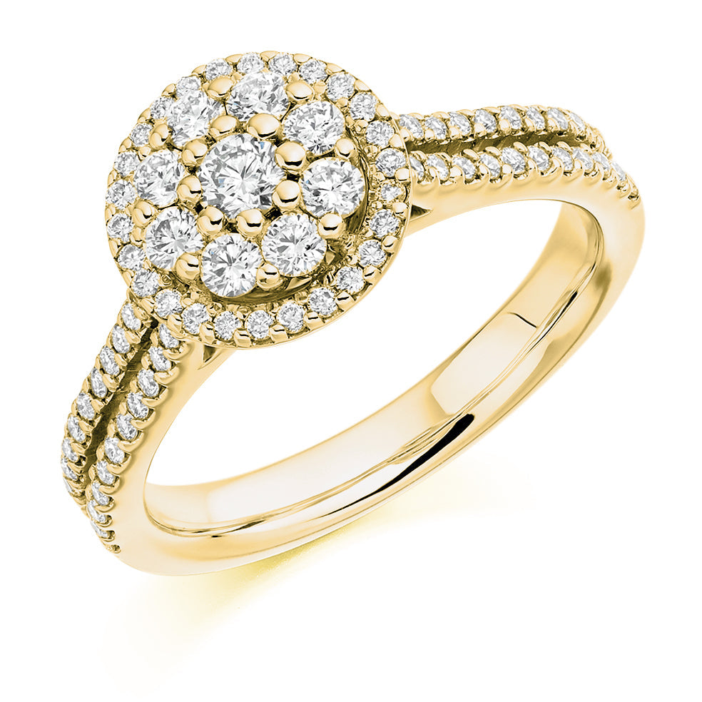 Split-Shoulder Invisible-Set Halo Round-Brilliant Engagement Ring (ENG3442) in Yellow Gold