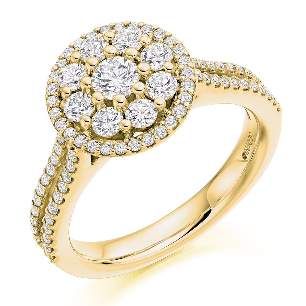 Split-Shoulder Invisible-Set Halo Round-Brilliant Engagement Ring in Yellow Gold