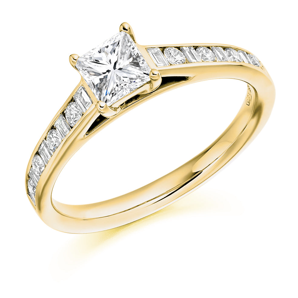 Channel-Shouldered Solitaire Princess Cut Engagement Ring 0.85ct in Yellow Gold