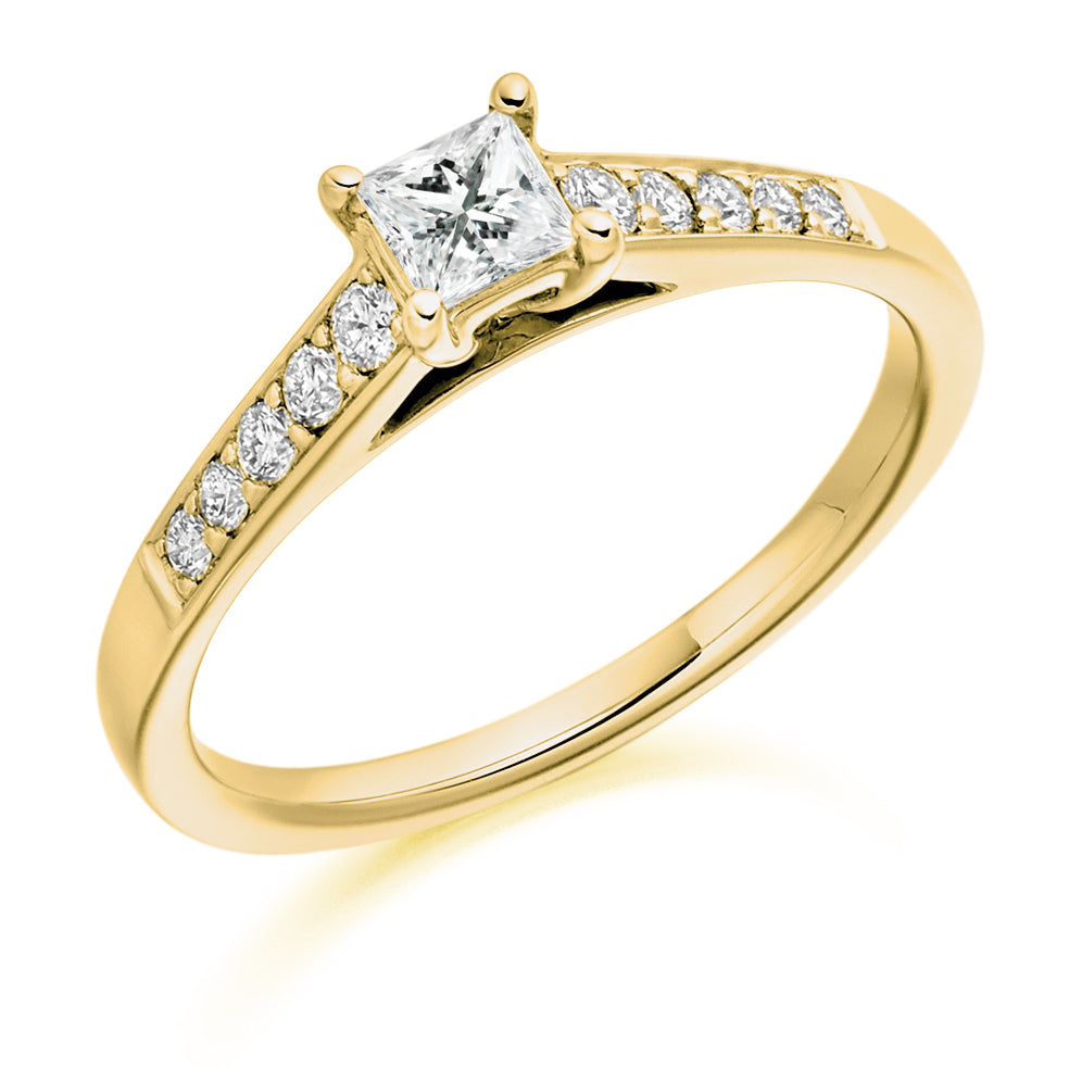 Fine Pavé Solitaire Princess Cut Engagement Ring 0.53ct in Yellow Gold