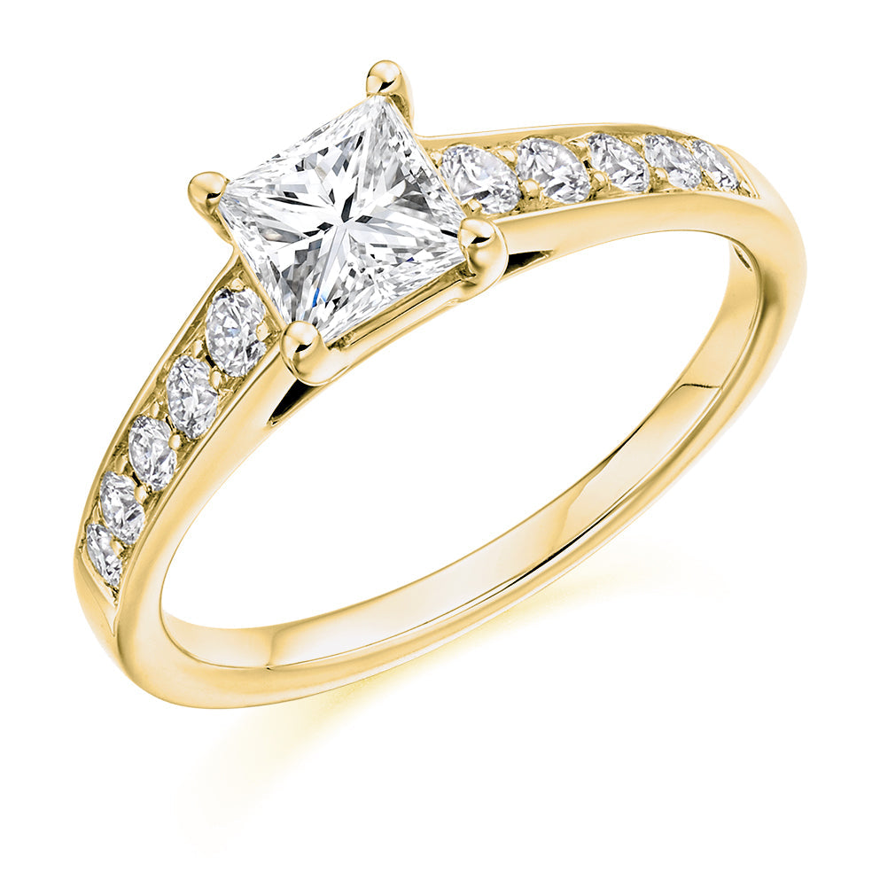Pavé-Shouldered Solitaire Princess Cut Engagement Ring 0.85ct in Yellow Gold