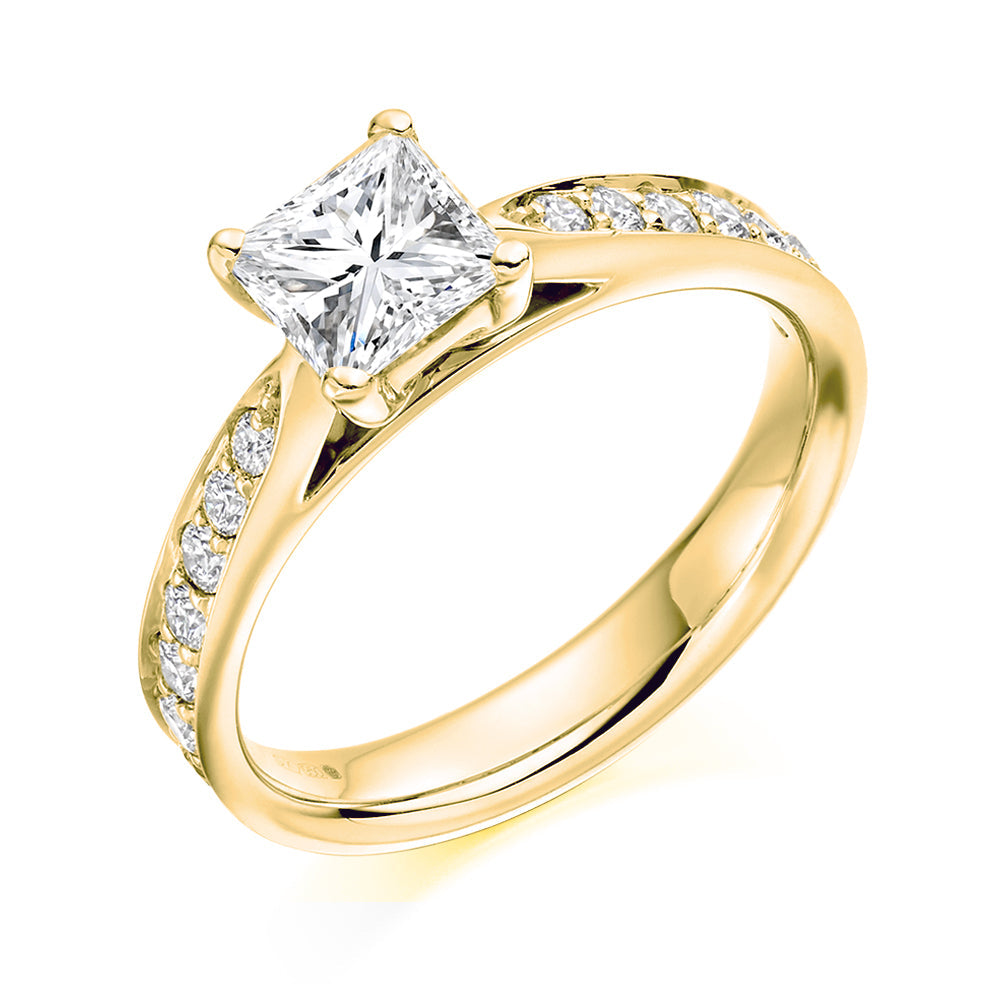 Pavé-Shouldered Solitaire Princess Cut Engagement Ring 0.75ct in Yellow Gold