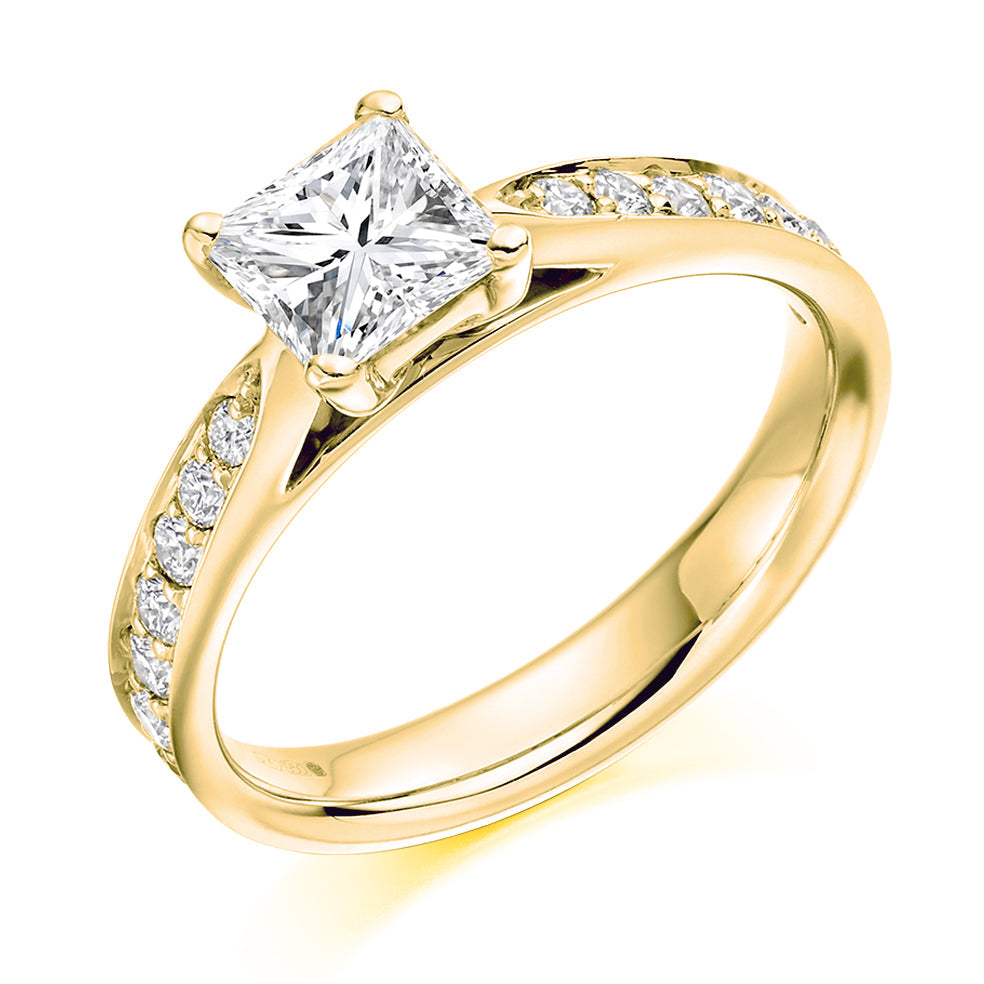 Fine Pavé Solitaire Princess Cut Engagement Ring, 0.75ct in Yellow Gold