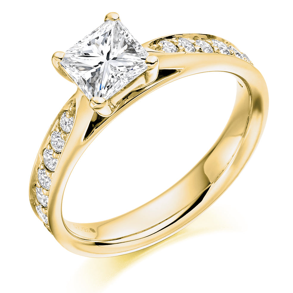 Fine Pavé Solitaire Princess Cut Engagement Ring 1.45ct in Yellow Gold