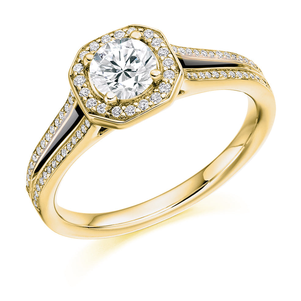 Halo with Split Shoulders Round Brilliant Engagement Ring 0.53ct in Yellow Gold