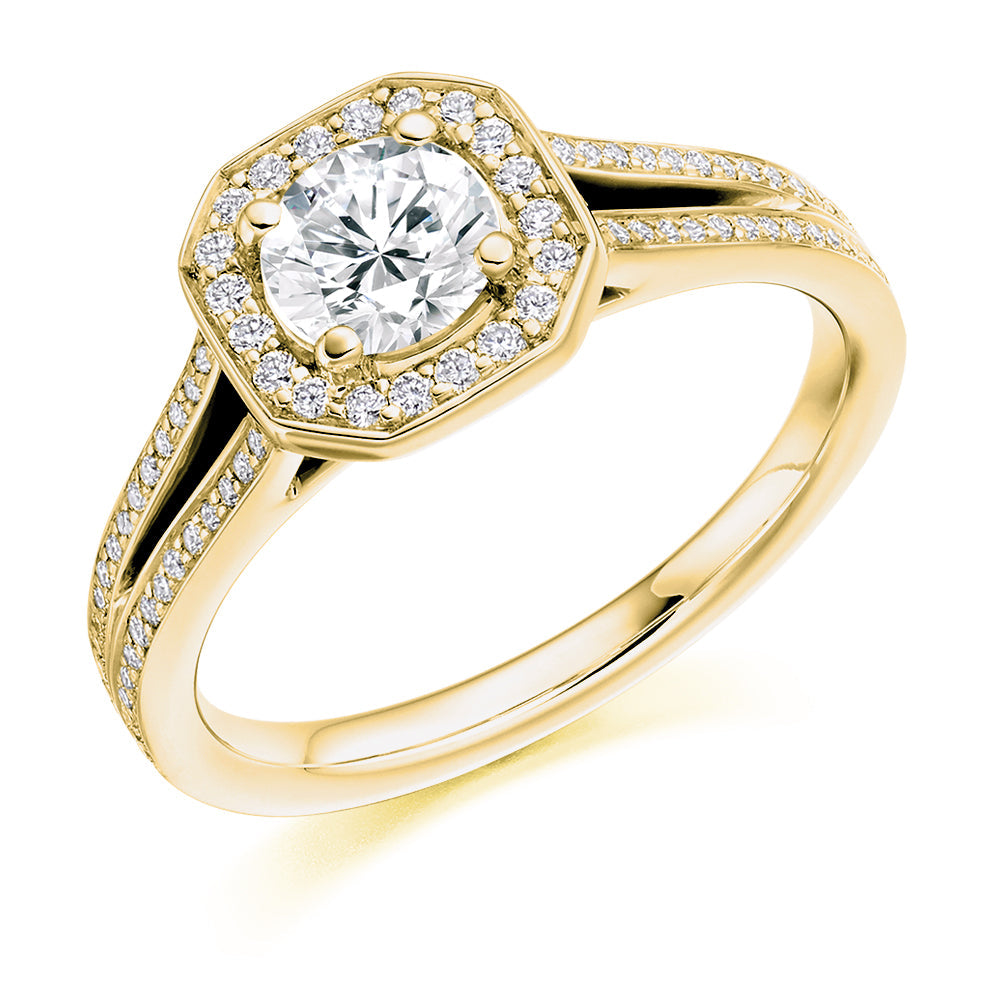 Split-Shoulder Halo Round Brilliant Engagement Ring 1.15ct in Yellow Gold