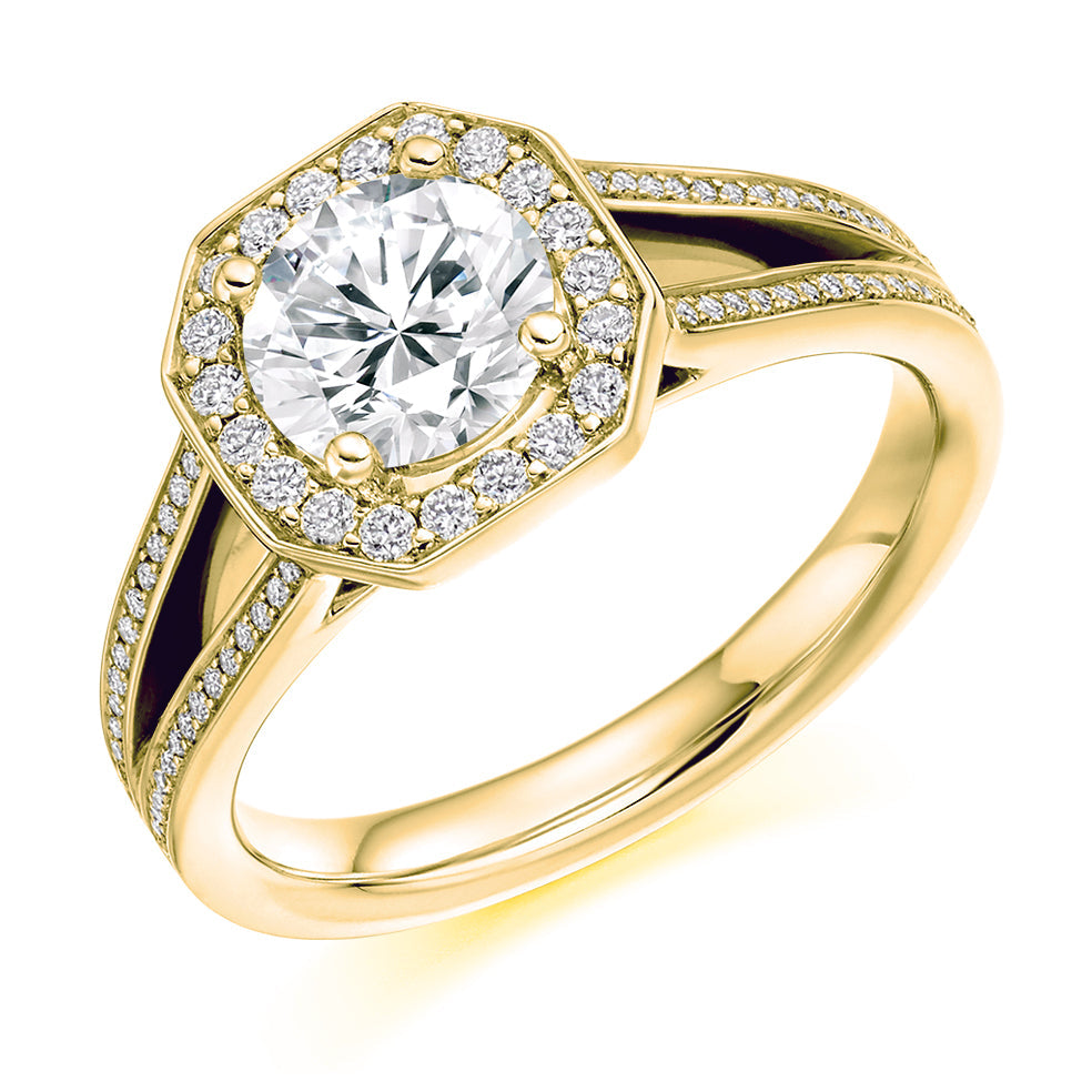 Curved-Shoulder Halo Round Brilliant Engagement Ring 1.3ct in Yellow Gold
