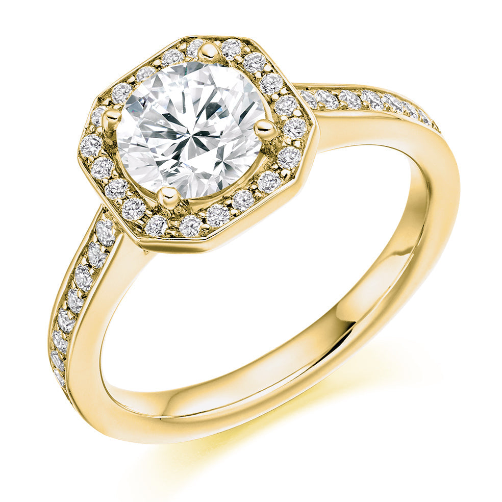 Pavé-Shoulder Halo Round-Brilliant Engagement Ring, 0.9ct (ENG3551 SMT) in Yellow Gold