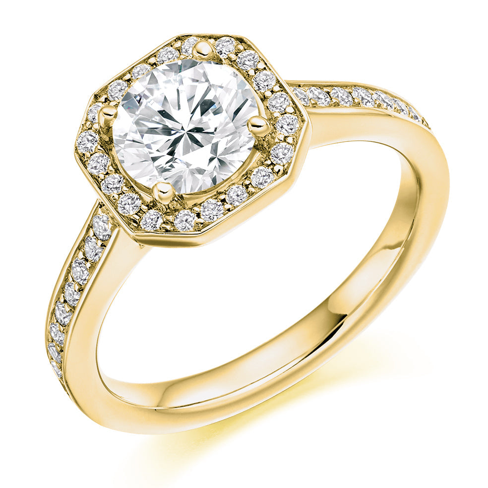 Pavé-Shoulder Halo Round-Brilliant Engagement Ring, 1.0ct (ENG3552 SMT) in Yellow Gold
