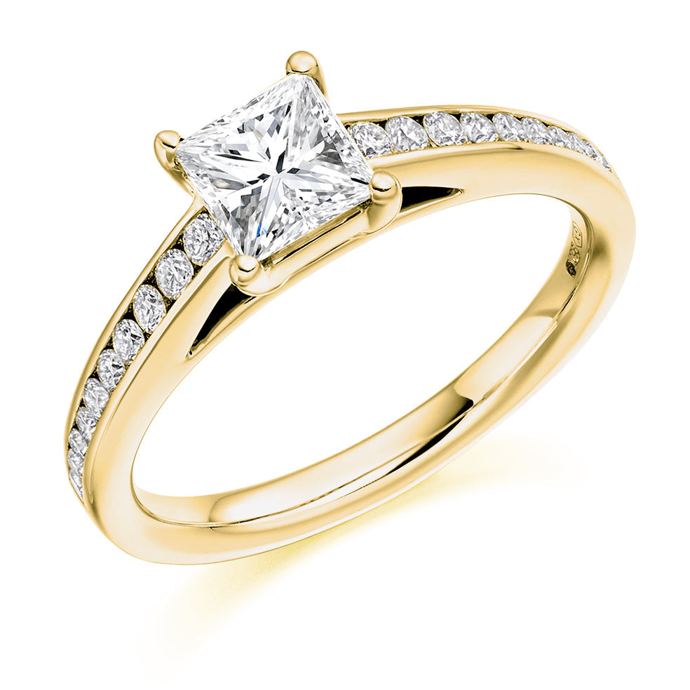 Channel-Shouldered Solitaire Princess Cut Engagement Ring 0.75ct in Yellow Gold