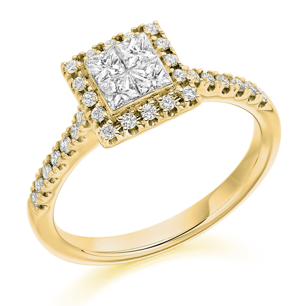 Invisible-Set Halo Princess-Cut Engagement Ring, 0.35ct in Yellow Gold