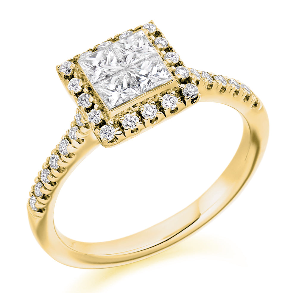Invisible-Set Halo Princess-Cut Engagement Ring, 0.6ct in Yellow Gold