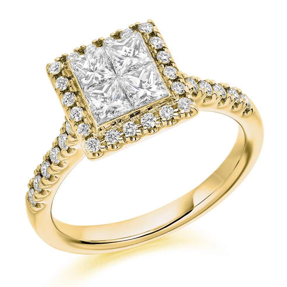 Invisible-Set Halo Princess-Cut Engagement Ring, 0.85ct in Yellow Gold