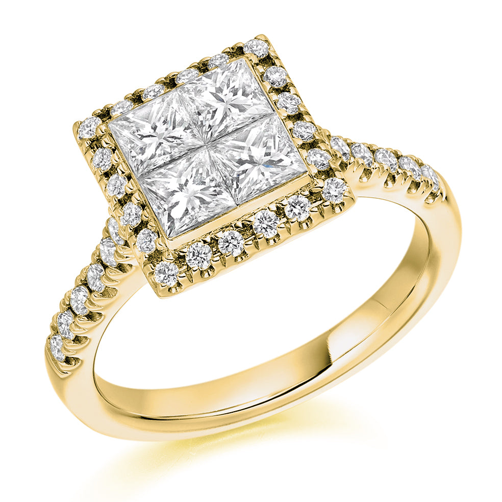 Invisible-Set Halo Princess-Cut Engagement Ring, 1.0ct in Yellow Gold