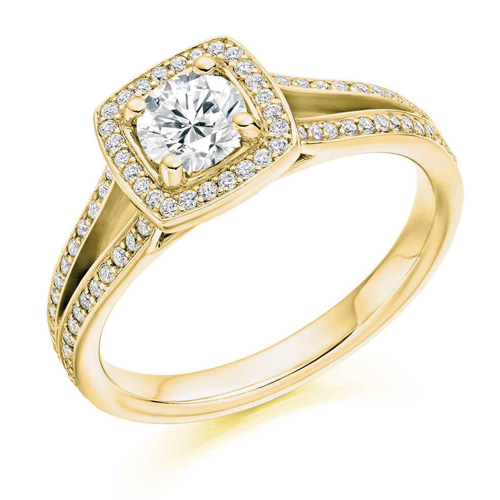 Halo with Split Shoulders Round Brilliant Engagement Ring, 0.5ct in Yellow Gold
