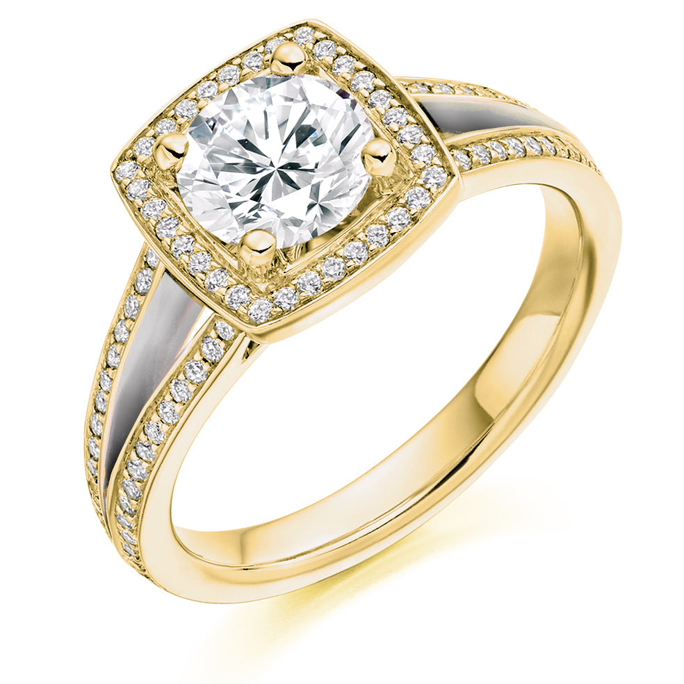 Split-Shoulder Halo Round Brilliant Engagement Ring 1.2ct in Yellow Gold