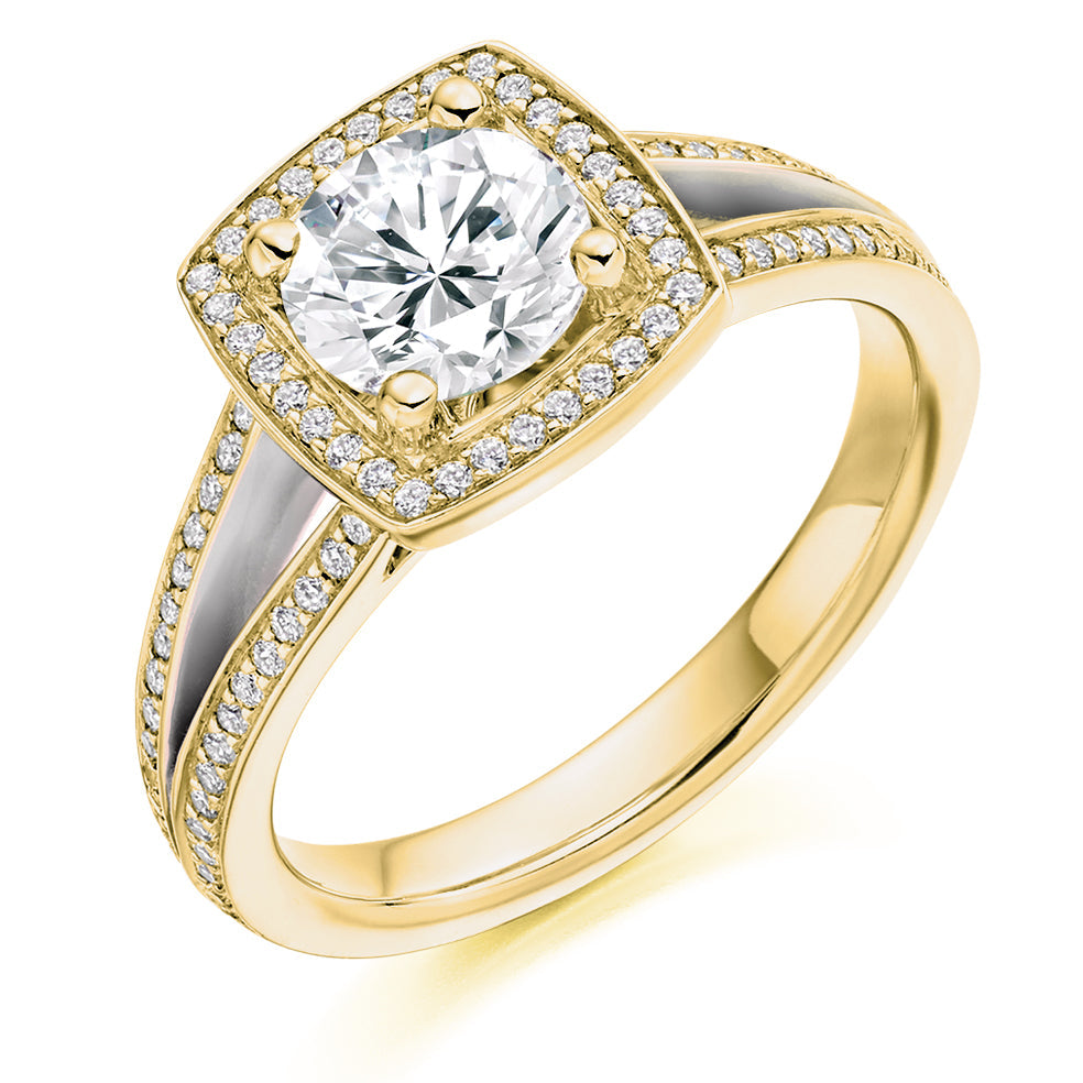 Curved-Shoulder Halo Round Brilliant Engagement Ring 1.0ct total in Yellow Gold