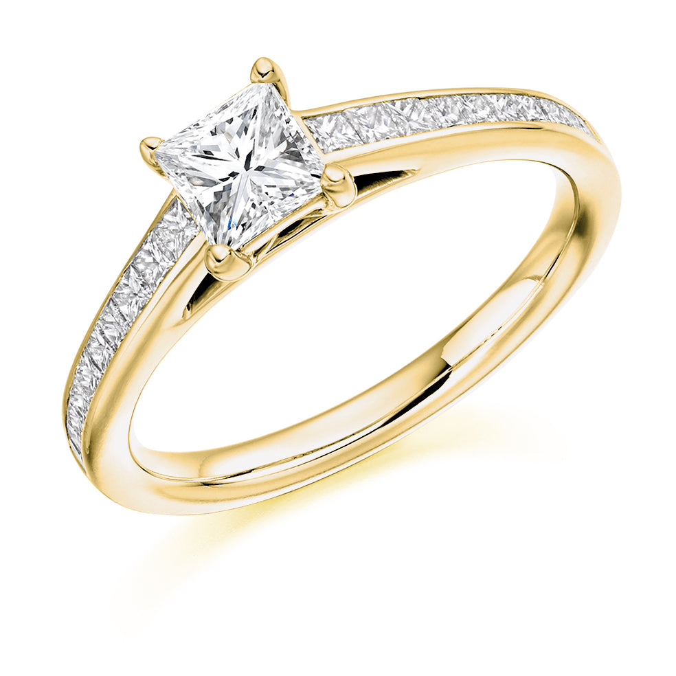 Channel-Shouldered Solitaire Princess Cut Engagement Ring 0.95ct in Yellow Gold