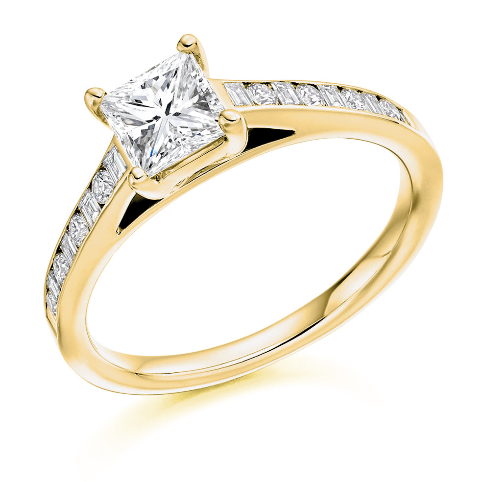 Channel-Shouldered Solitaire Princess Cut Engagement Ring, 0.75ct in Yellow Gold