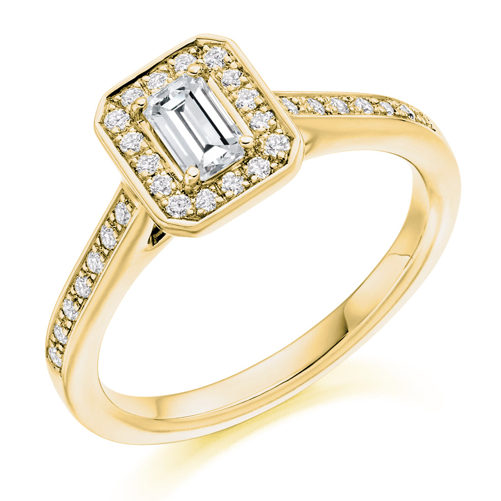 Pavé-Shoulder Halo Emerald-Cut Engagement Ring, 0.33ct in Yellow Gold