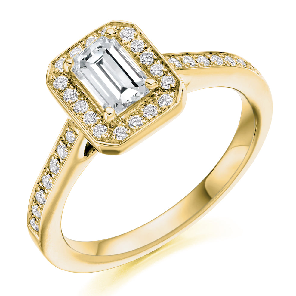 Pavé-Shoulder Halo Emerald-Cut Engagement Ring, 0.5ct in Yellow Gold