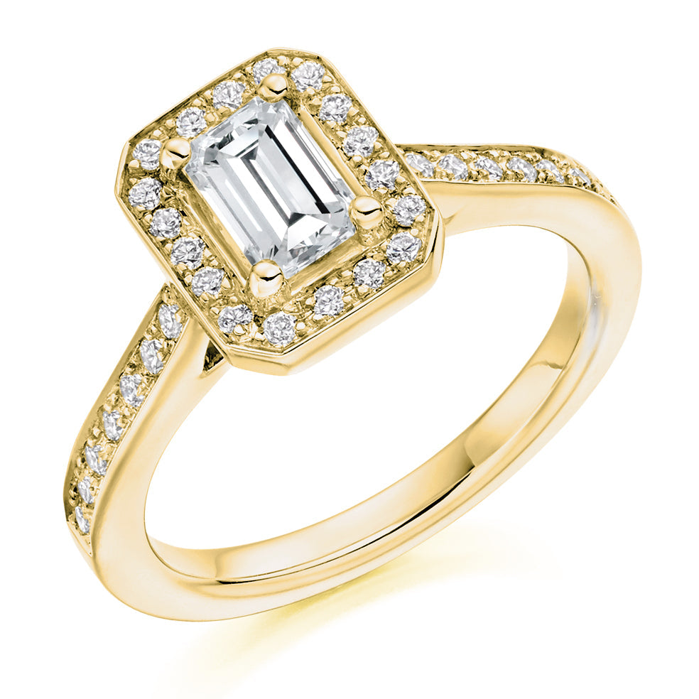 Pavé-Shoulder Halo Emerald-Cut Engagement Ring, 0.75ct in Yellow Gold