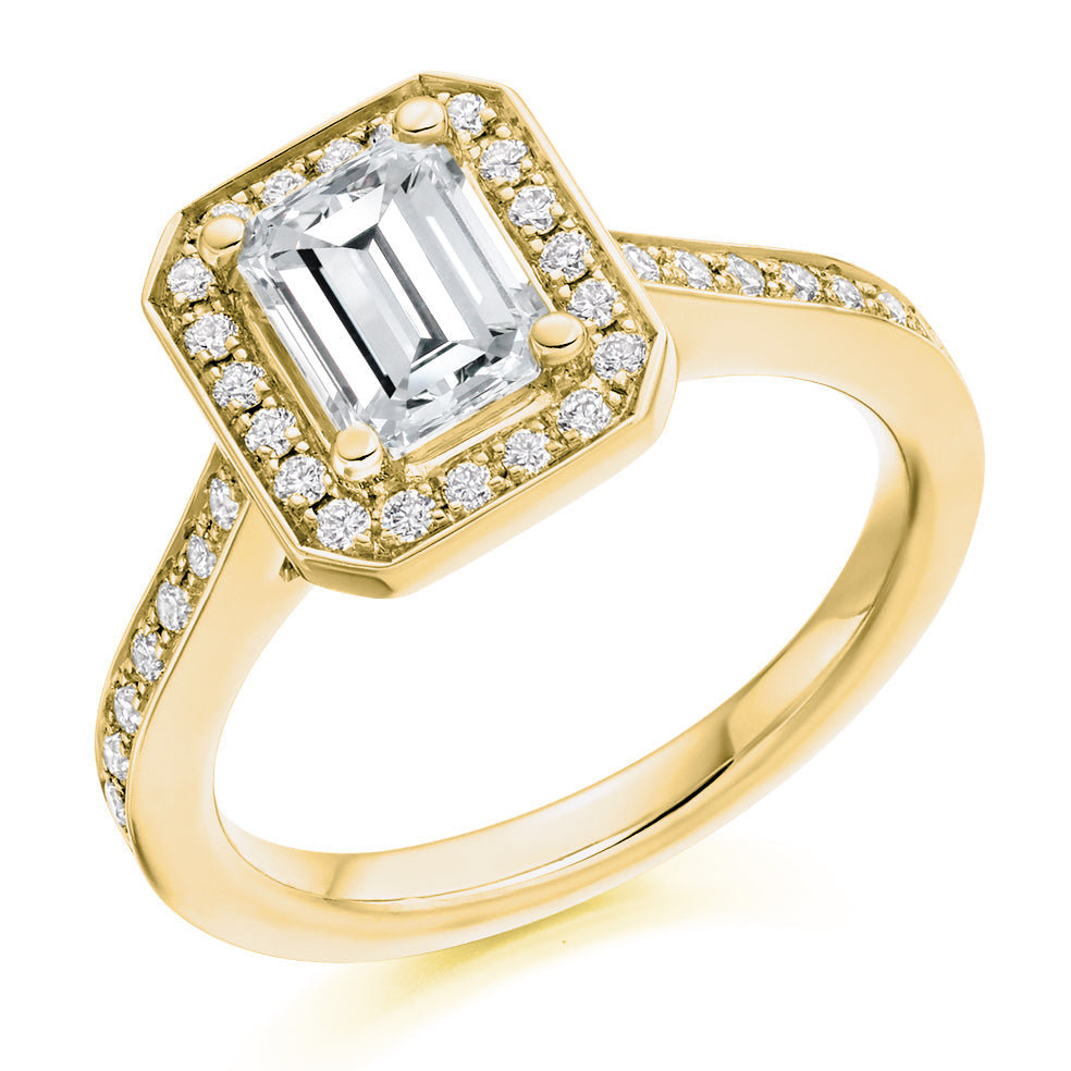 Pavé-Shoulder Halo Emerald-Cut Engagement Ring, 1.0ct in Yellow Gold