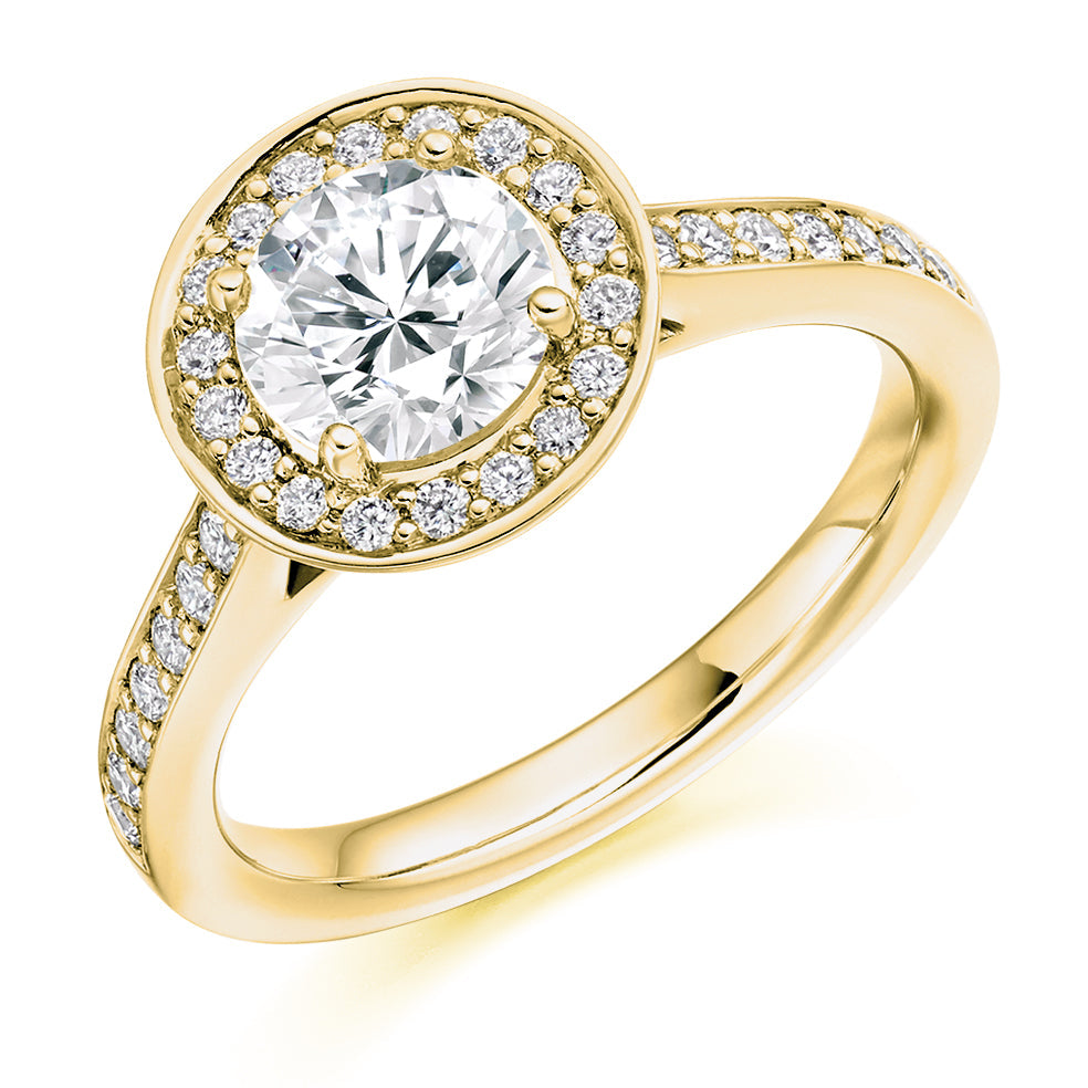 Pavé-Shoulder Halo Round-Brilliant Engagement Ring, 0.9ct (ENG3664 SMT) in Yellow Gold