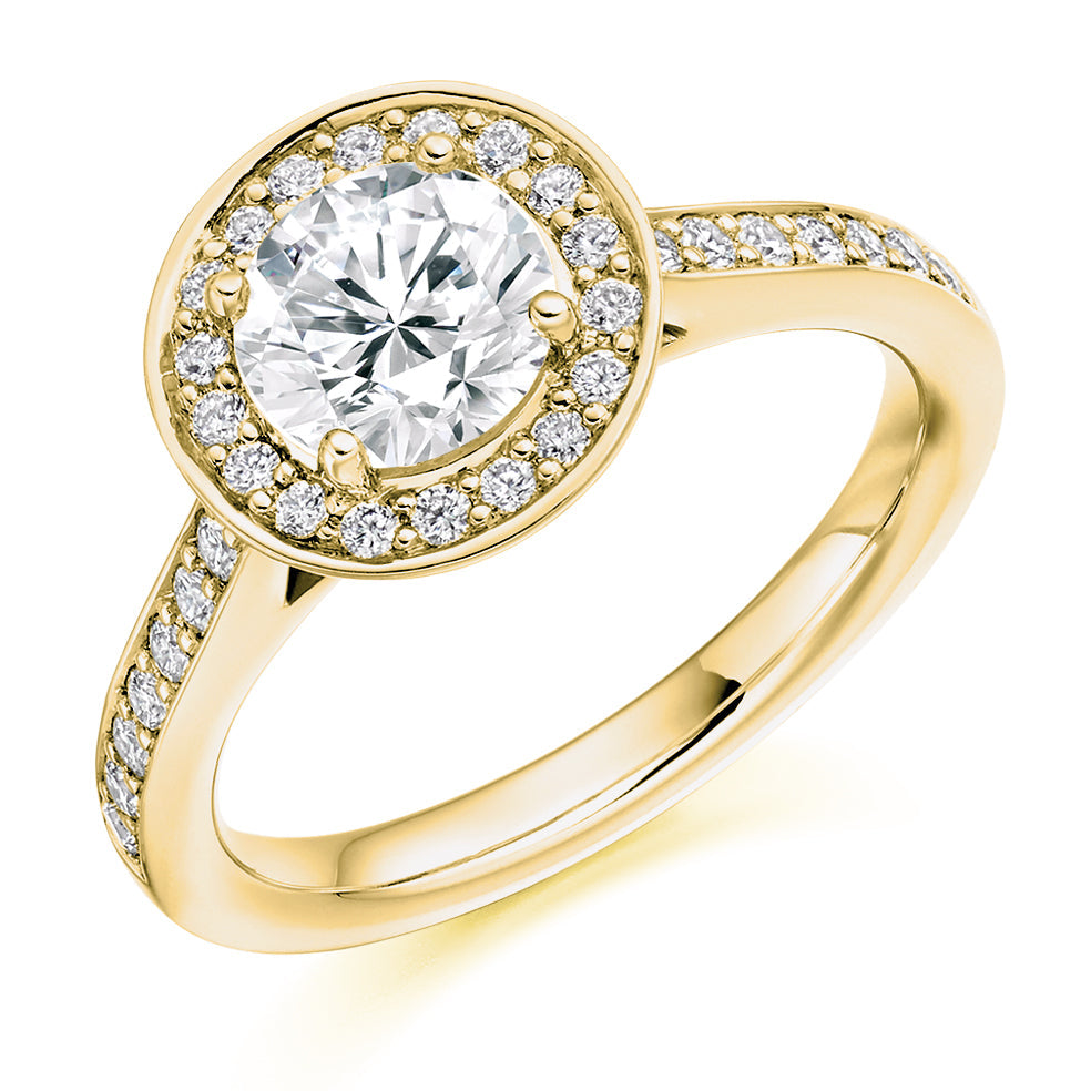 Pavé-Shoulder Halo Round-Brilliant Engagement Ring, 1.0ct (ENG3665 SMT) in Yellow Gold