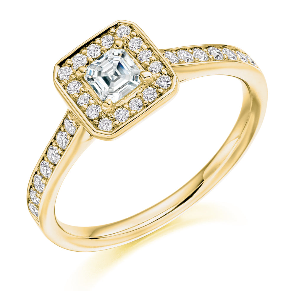 Pavé-Shoulder Halo Princess-Cut Engagement Ring, 0.33ct in Yellow Gold