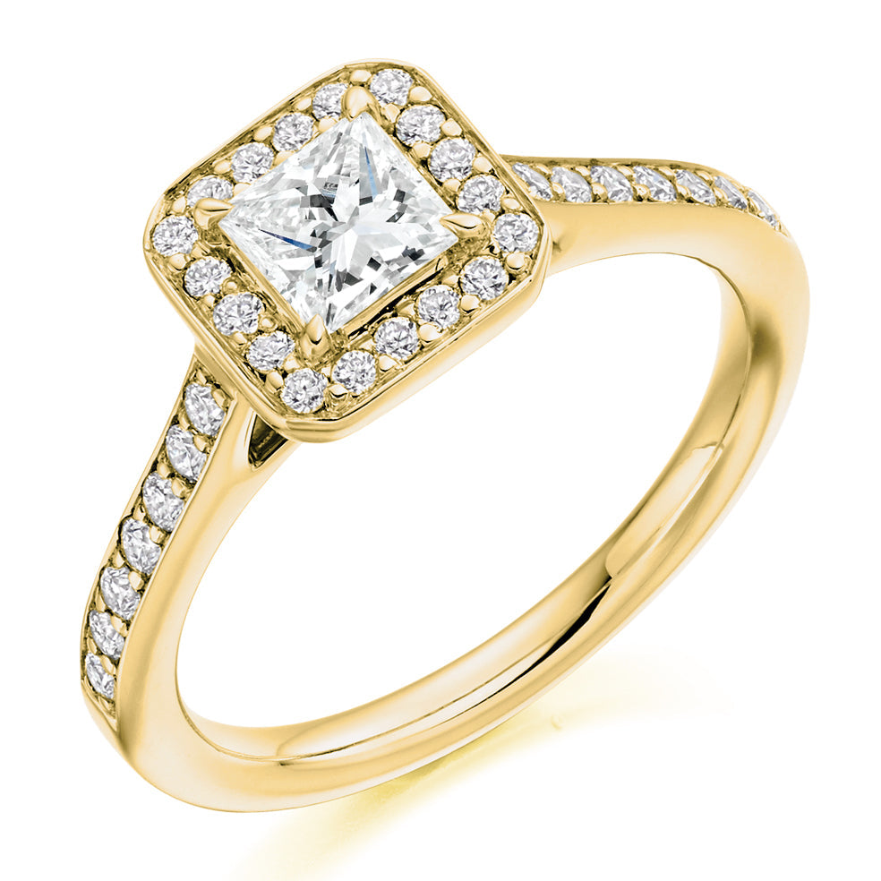 Pavé-Shoulder Halo Princess-Cut Engagement Ring, 0.5ct (ENG3668 SMT) in Yellow Gold