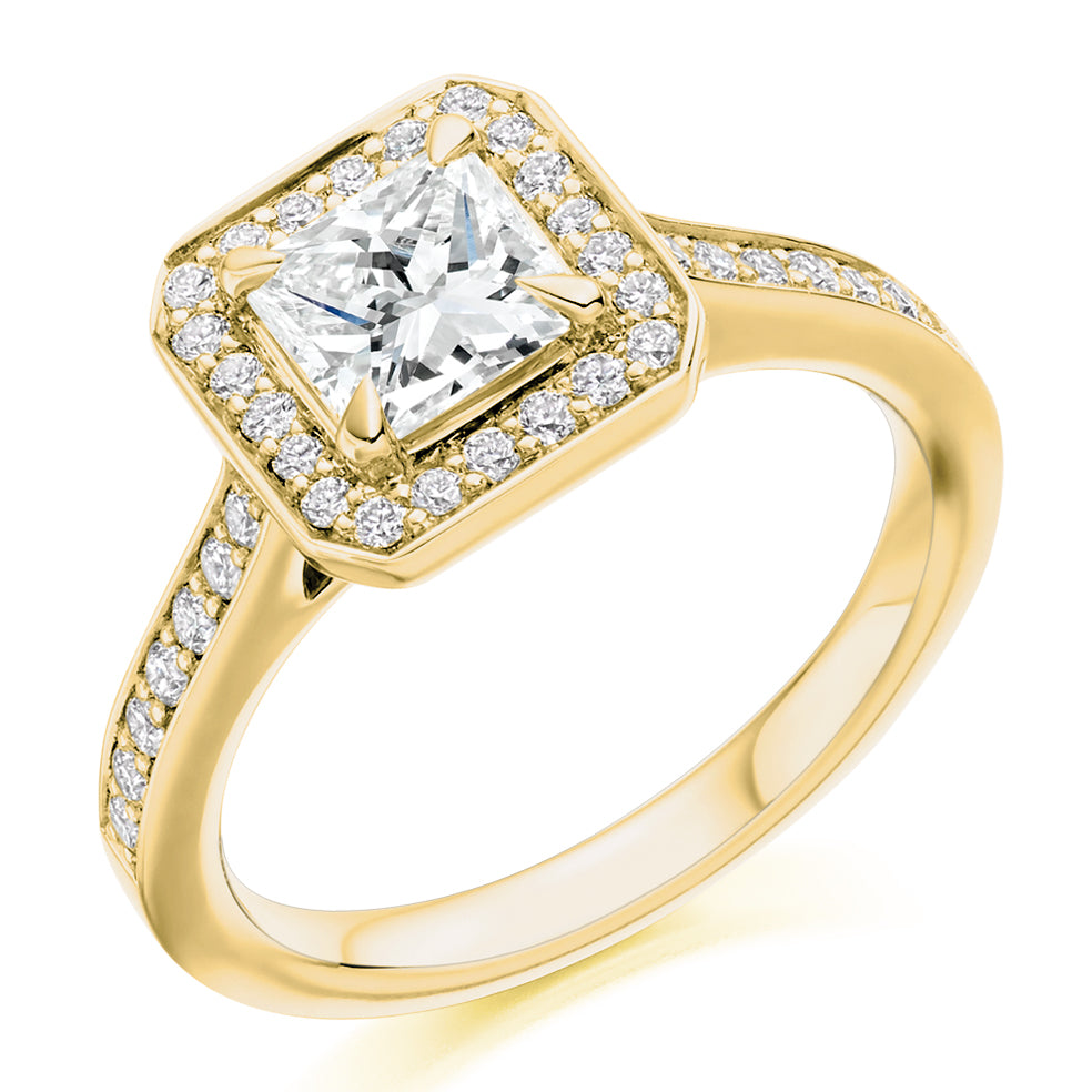 Pavé-Shoulder Halo Princess-Cut Engagement Ring, 0.75ct in Yellow Gold