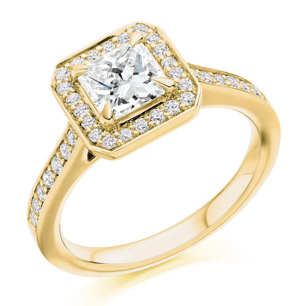 Pavé-Shoulder Halo Princess-Cut Engagement Ring, 1.0ct in Yellow Gold