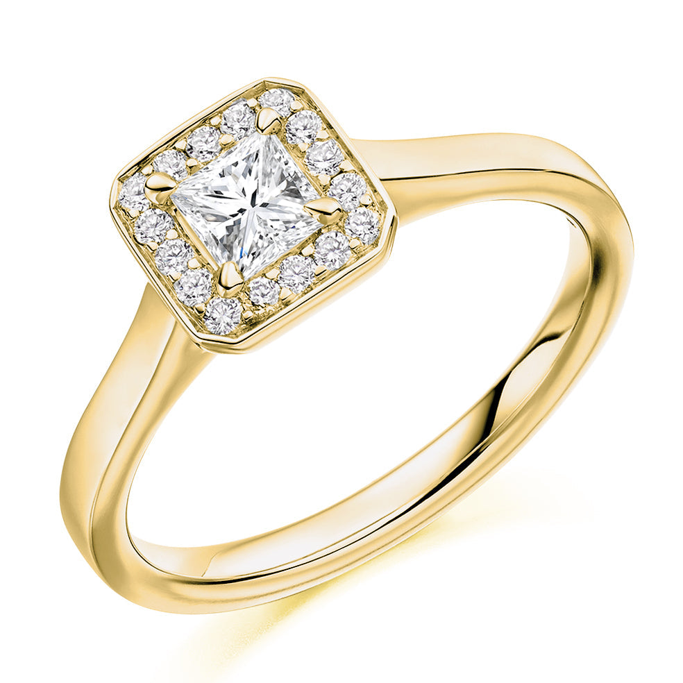 Plain-Band Halo Princess Cut Engagement Ring, 0.33ct in Yellow Gold